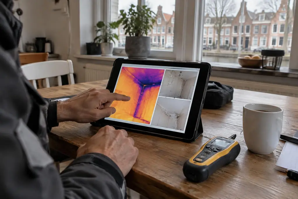 Lekdetectie Oldenzaal – lekdetectierapport met warmtebeelden en foto's op een tablet