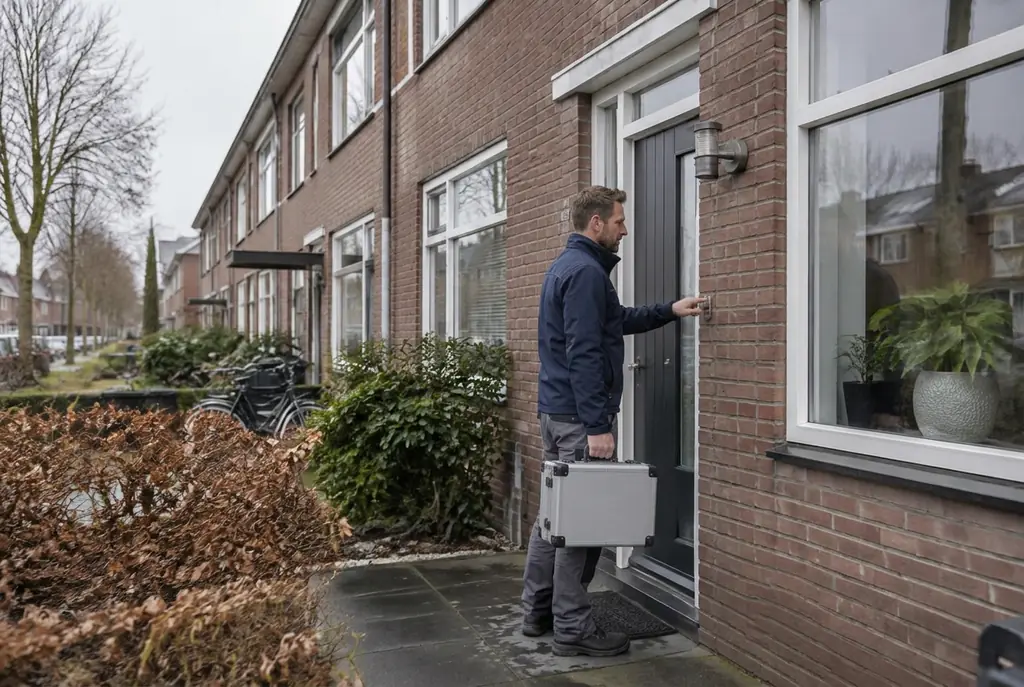 Lekdetectiespecialist met meetkoffer bij de voordeur van een woning in Oldenzaal